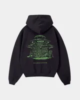 Canguro negro con capucha y bolsillo frontal, con un estampado gráfico en la espalda en color verde que representa un kiosco tradicional con la leyenda 'KABOA NO TRANZA' y 'NO ES NEGOCIO, ES CULTURA'.