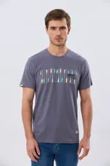 Remera de manga corta color gris, con cuello redondo y estampado frontal multicolor con diseño de remos y tipografía de la marca.