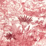 Pañuelo cuadrado con estampado toile de jouy en color bordó sobre fondo crema, con bordes definidos por franjas geométricas.