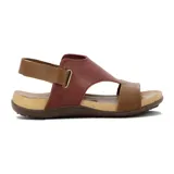Sandalia casual de mujer con dos tiras y pulsera al tobillo con cierre ajustable. Presenta capellada de cuero negro, plantilla acolchada y suela tipo corcho con base marrón antideslizante.