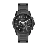 Reloj Armani Exchange modelo Banks, con caja y pulsera de acero inoxidable color negro. Esfera negra con agujas e indicadores plateados y tres subesferas.