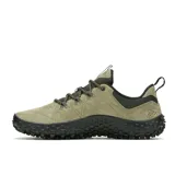 Championes Merrell modelo Wrapt, color verde oliva con suela negra. Diseño híbrido de caída cero con parte superior de piel de ante y malla transpirable, diseñado para imitar la forma natural del pie.