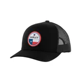 Gorro de camionero negro con paneles de malla en la parte trasera y logo de Hurley con la bandera de Texas en el frente.
