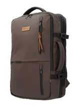 Mochila RKF de diseño versátil, convertible en maletín, confeccionada en poliéster reciclado repelente al agua. Cuenta con múltiples compartimentos con cierre, espacio para laptop de 15 pulgadas, bolsillos frontales, correas ajustables, almohadillas ergonómicas en la espalda y pasador para maleta.