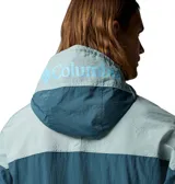 Campera cortaviento Columbia Challenger II Omni-Shield de diseño bicolor en tonos azul y celeste, con capucha con cordón de ajuste, cierre medio con solapa, bolsillo en la manga con cierre y malla, y logo bordado en el pecho.