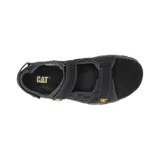 Sandalias Caterpillar modelo Giles para hombre, color negro con detalles en amarillo, con múltiples tiras ajustables con velcro y suela de goma track.