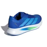 Championes de running Adidas modelo Duramo SL2, color azul con detalles en blanco y verde en la entresuela. Presentan diseño de malla transpirable y las icónicas tres bandas laterales en un tono azul más claro.