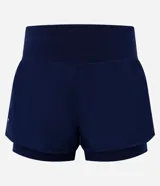 Bermuda deportiva tipo runner de microfibra color azul marino, con cintura elástica, bolsillo con cierre y diseño holgado con bajo redondeado.