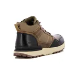 Bota casual Country de corte medio, confeccionada en una combinación de cuero y paneles de malla en tonos kaki y negro. Cuenta con cierre de cordones, cuello acolchado y suela de goma dentada en color crema.