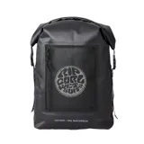 Mochila Rip Curl Surf Series de 30 litros, color negro, impermeable, con logo estampado en el frente y bolsillo frontal con cierre.