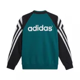 Buzo deportivo adidas del Liverpool F.C., modelo Crew Sweat 95, en color verde, negro y blanco. Presenta diseño retro con bloques de color, cuello redondo, el logo de adidas, el escudo del club en el centro y patrocinador Carlsberg estampado en el frente.