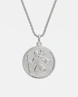 Dije de plata 925 con diseño redondo grabado de San Cristóbal, protector de los viajeros.