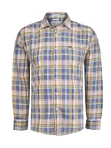 Camisa de manga larga RKF confeccionada en mezcla de algodón y Tencel, con diseño de tartán y efecto desgastado. Presenta cuello clásico, cierre frontal con botones, bolsillo en el pecho y detalles en tela tipo Oxford en el interior.