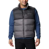 Chaleco acolchado Columbia modelo Pike Lake II, con diseño bicolor en tonos gris oscuro y gris claro. Cuenta con cierre frontal completo, cuello alto, bolsillos laterales con cremallera y tecnología termorreflectante Omni-Heat en el interior.