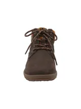 Botín de cuero color chocolate con cuello tejido multicolor y cierre mediante cordones. Presenta suela de goma con tecnología Honey Foam y detalle de marca grabado en el talón.