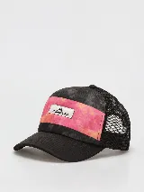 Gorra trucker Quiksilver de diseño combinado, con frente negro y banda central en tonos rosado y naranja con efecto tie-dye. Cuenta con visera curva negra, paneles traseros de red y parche frontal con el logo de la marca.