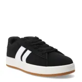 Championes urbanos de diseño minimalista, color negro con dos franjas laterales blancas, suela blanca y base de goma color caramelo.