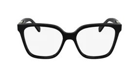 Armazón de anteojos recetados Longchamp, modelo 2765, con marco de acetato negro de forma cuadrada y detalles metálicos en las patillas.