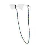 Sujeta lentes con cordón tejido multicolor y terminales de goma negra.