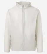 Campera deportiva rompevientos color blanco, con capucha, mangas largas, cierre delantero y bolsillos con cierre.