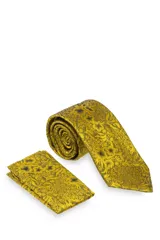 Corbata verde oscuro con estampado floral y pañuelo de bolsillo a juego.