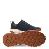 Championes urbanos Caterpillar modelo Hex Ready Lo, color azul marino con suela de goma color caramelo y entresuela beige. Presenta detalles en color crema en la lengüeta y el talón, con cordones jaspeados y logo de la marca en el lateral.