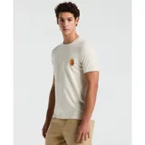 Remera color crema de manga corta en jersey de algodón liviano, con estampa frontal de un pingüino con temática de cóctel.