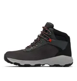 Bota de trekking Columbia modelo Newton Ridge, color gris oscuro con detalles en negro y cordones con toques naranjas. Presenta empeine de ante impermeable, herrajes metálicos y suela de caucho de alta tracción.