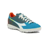 Championes de fútbol Diadora Brasil Elite Veloce para hombre, color celeste con detalles en azul, blanco y naranja.
