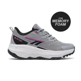 Championes deportivos Hi-Tec con tecnología Memory Foam, confeccionados en malla técnica gris con detalles en negro y fucsia. Presentan una suela de plataforma blanca con base negra dentada, ideal para actividades de bajo impacto y uso diario.
