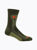 Pack de tres pares de medias técnicas largas para trekking, en colores beige, bordó y verde militar, con refuerzos acolchados y logo de la marca impreso en naranja.