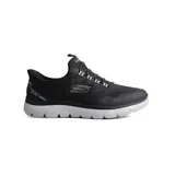 Championes deportivos Skechers modelo Slip-ins Summits Top Rate, color negro con suela blanca. Presentan parte superior de malla técnica con superposiciones termoselladas, cordones elásticos fijos y tecnología Heel Pillow para un ajuste fácil sin manos.