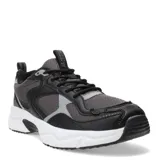 Championes de estilo running N+ Autazes, combinan paneles de malla gris con refuerzos de cuero sintético en color negro y detalles en gris claro. Presentan una suela robusta de goma blanca con diseño dentado y cierre mediante cordones negros.