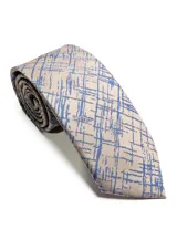 Corbata de seda azul marino con estampado paisley en tonos rosados y blancos.