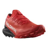 Championes de trekking Salomon S/Lab Pulsar 3 de color rojo con suela negra y detalles en blanco, diseñados para trail running.