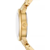 Reloj Michael Kors modelo Hally para mujer, con caja y pulsera de acero inoxidable color dorado. El dial presenta el logo MK en relieve. Resistente al agua hasta 50 metros.