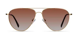 Lentes de sol estilo aviador con montura metálica fina en color dorado y lentes degradadas en tono marrón. Presentan un diseño ligero con puente doble y terminales de patillas en acetato.