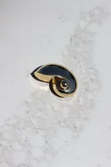 Pin de metal con forma de caracola dorada.