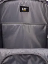 Mochila unisex negra con logo reflectante de Cat, correas acolchadas ajustables, correa para el pecho, bolsillos laterales de tela y cremallera en forma de U. Compartimento principal con bolsillos interiores y llavero fijo. Cordón elástico delantero. Volumen: 40 l.