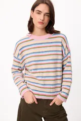 Sweater de punto con diseño de rayas horizontales multicolores en tonos marrón, verde, rosa y amarillo. Presenta cuello redondo, mangas largas y corte holgado.