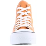 Championes de caña alta Converse modelo Chuck Taylor Lift, con plataforma, confeccionados en lona color naranja con cordones blancos y puntera de goma.