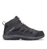 Bota de trekking Columbia modelo Crestwood Mid, color gris con detalles en negro y cordones con toques rojizos. Confeccionada en una combinación de cuero y malla, cuenta con tecnología impermeable Omni-Tech, entresuela TechLite para amortiguación y suela Omni-Grip para tracción en diversos terrenos.