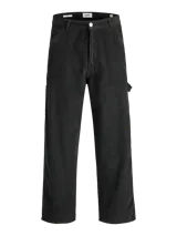 Pantalón de tiro alto y corte wide leg, confeccionado en tejido de corderoy. Presenta bolsillos laterales y traseros, con cierre frontal de cremallera y botón.