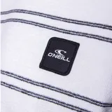 Remera de manga corta con cuello redondo, diseño a rayas horizontales finas en color gris sobre fondo blanco. Presenta un pequeño parche con el logo de la marca en el pecho.
