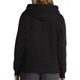 Canguro negro con capucha, bolsillo delantero y estampado de serpiente en la manga izquierda y esqueleto de mano en el pecho.