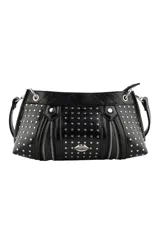 Cartera bandolera color marrón con acabado brillante, decorada con múltiples tachas metálicas plateadas y cierres decorativos frontales. Incluye un aplique metálico en forma de labios en el centro y correa ajustable.