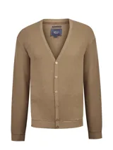 Cardigan RKF modelo Olen de color marrón, con cuello en V, cierre frontal con botones y mangas largas.