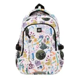 Mochila de lona impermeable con estampado artístico multicolor. Cuenta con compartimento principal con cierre, bolsillo frontal con cierre, bolsillos laterales, correas de compresión y compartimento interno para notebook.