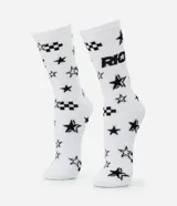 Medias de caña alta blancas con estampado de estrellas negras, cuadros y la palabra 'Riot'.