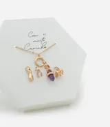 Collar corto dorado con cierre de aro y cuatro dijes colgantes: mano de Fátima, herradura con strass, cristal amatista y elefante. Incluye packaging para regalo.